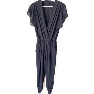 AQUA Jumpsuit Lightweight Surplice Front Cap Sleeves Rouched Legs Black Small
